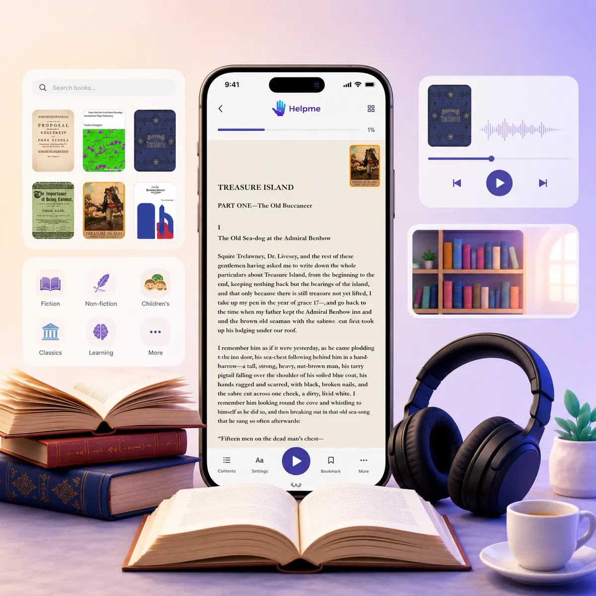 HelpMe UK app showing books, audiobooks and reading tools