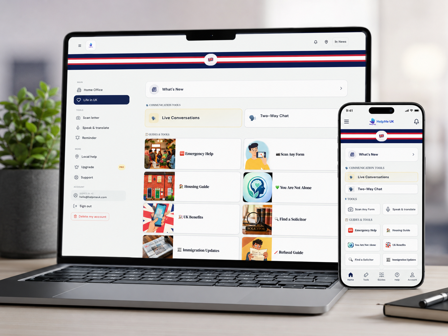 HelpMe UK app shown on laptop and phone with dashboard, tools and guides