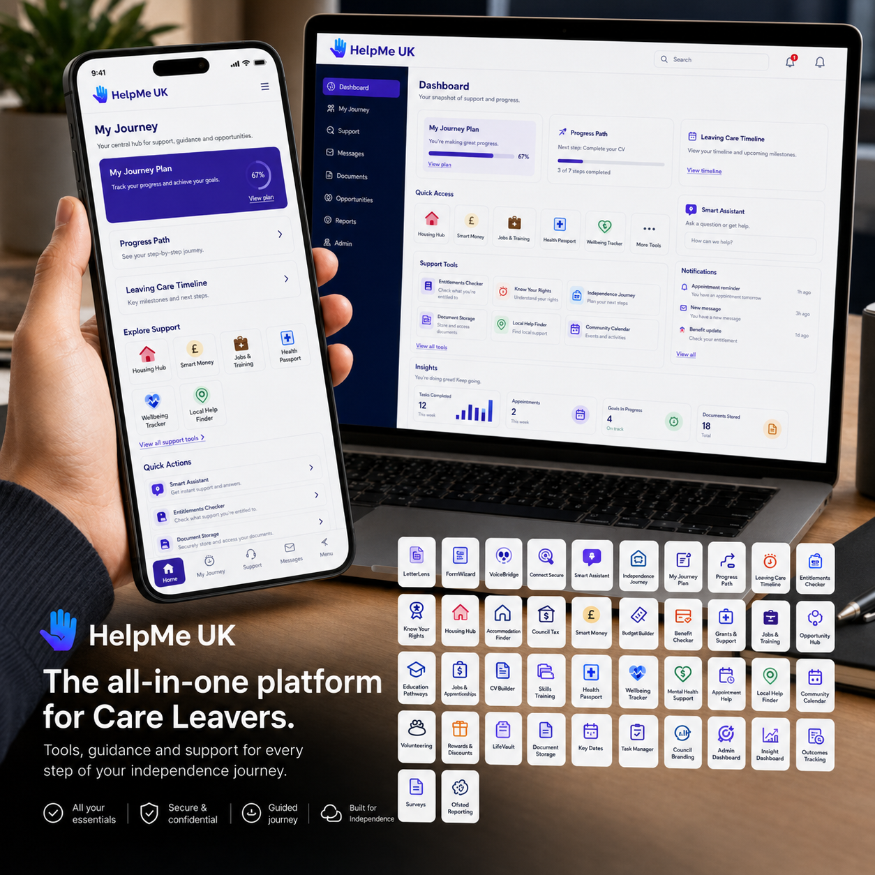 HelpMe UK on phone and desktop with all its tools