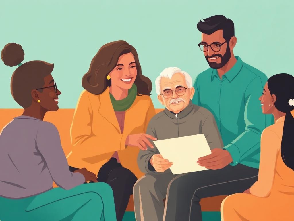 A diverse community coming together to help an older person understand an official letter