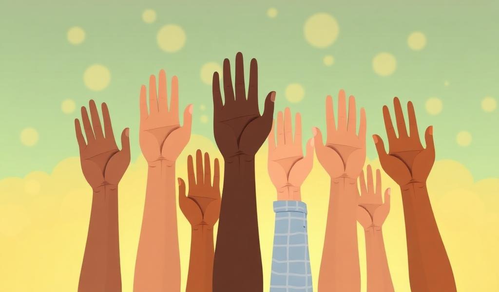 Diverse hands raised together in unity and support